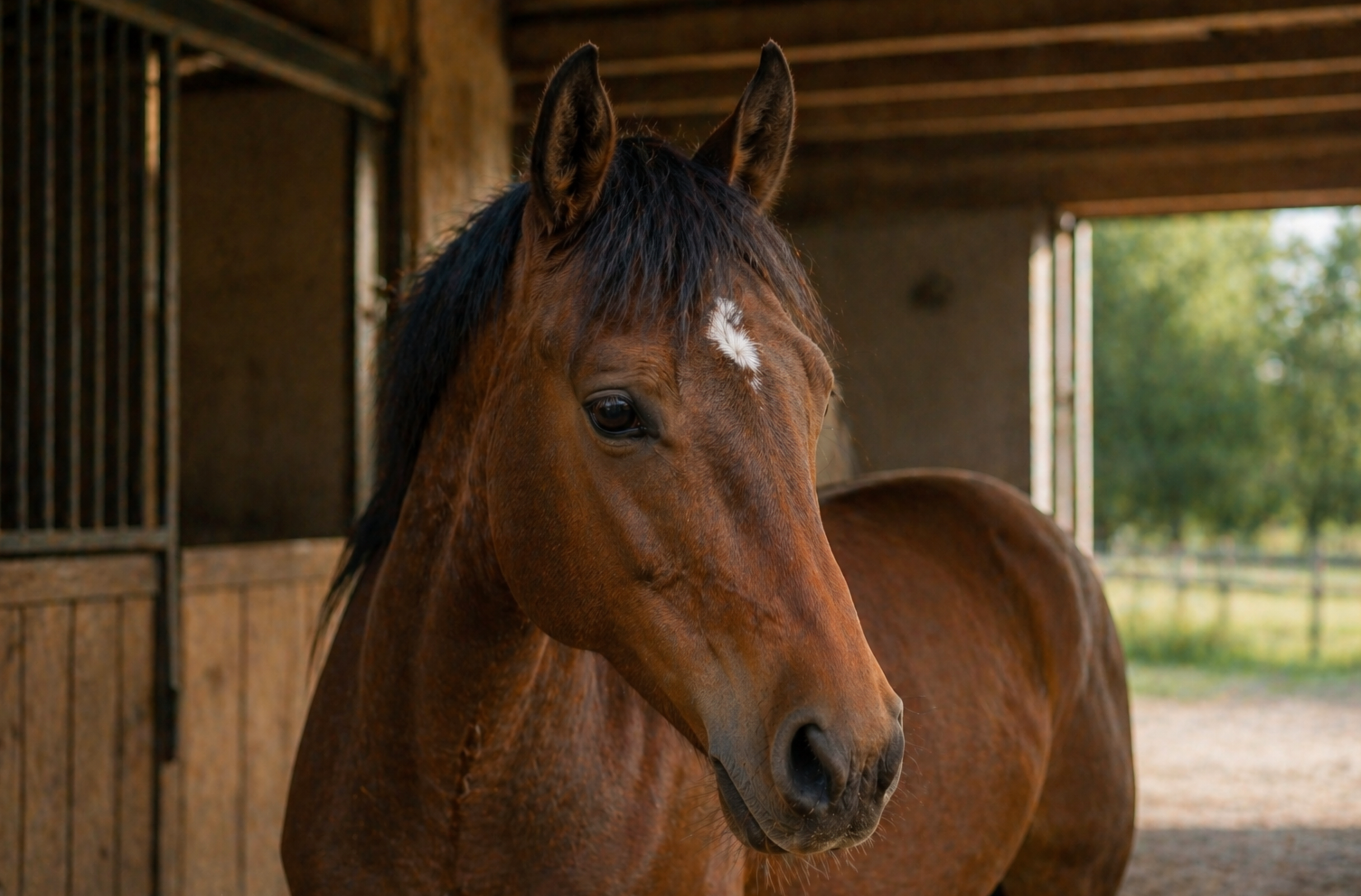 Pferd im Stall als Symbol für die Auswahl zwischen Leinöl und Distelöl in der Fütterung